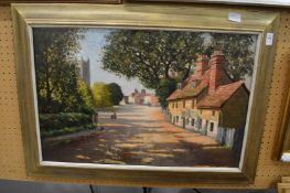 A village street scene, oil on canvas.