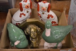 A pair of pottery ducks, a pair of Staffordshire dogs and a wall bracket.