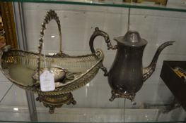 A plated swing handled basket, coffee pot and other items.