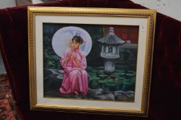A young lady with a parasol in a garden setting by a lily pond, oil on canvas.