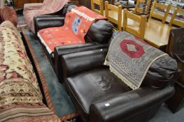 A modern brown leather upholstered three-piece suite comprising a pair of two seater settees and a