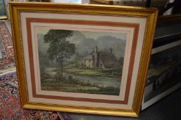 A Country House by a River watercolour.