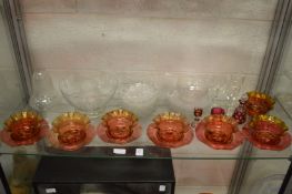 Six frilly edged glass bowls with stands, two other similar, various cut-glass ice plates and