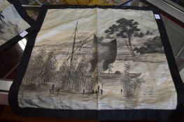 A set of five Japanese paintings on silks, unframed.