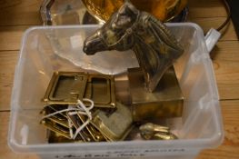 A brass bust of a horse and other metal ware.