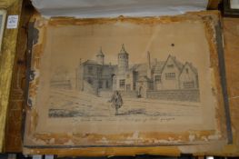 A unframed print of a gentleman outside a large house (AF).