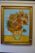 After Vincent Van Gogh, a large oil on canvas depicting sunflowers in a vase, in a decorative gilt