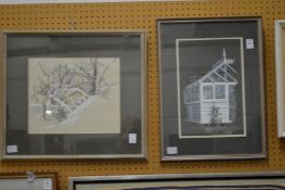 A painting with a green house and a winter landscape.