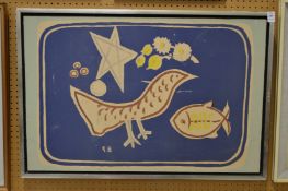 An abstract print of a bird and fish.