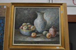A still-life of fruit, a jug and a bowl, oil on board.