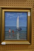 Children on a Shore with a Catamaran oil on board.