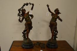 A pair of spelter figures of young maidens (AF).