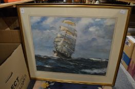 Three large colour prints depicting sailing ships and galleons.