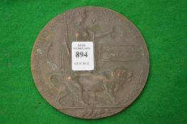 A WWI bronze death penny for Richard Victor Farminer.