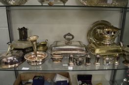 Plated items to include entree dishes and covers, cruet set, together with a silver bud vase (AF).