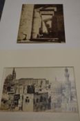 A pair of photographic prints depicting eastern cities and ruins.