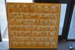 An eastern painting on fabric, framed and glazed, depicting numerous panels of figures carrying