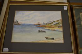 Fishing Boats Moored on a Beach watercolour and two other pictures.