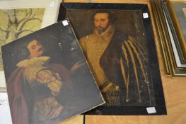 An unframed oil of an Elizabethan man and a framed print.