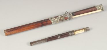 TWO TRAVELLING TROUSSE KNIFE AND CHOPSTICK SETS, each with bone chopsticks; the larger set lacking