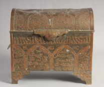 AN UNUSUAL FINE 19TH CENTURY MALAYSIAN CALLIGRAPHIC COPPER INLAID BRASS CASKET, with hinged lid, and