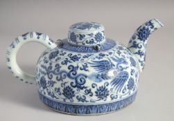 A CHINESE MING STYLE BLUE AND WHITE PORCELAIN WINE POT AND COVER, painted with phoenix and lotus,