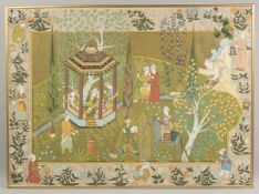 A VERY LARGE FRAMED PERSIAN PAINTING ON SILK, depicting an outdoor scene with a figure on horseback,