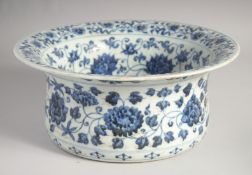 A CHINESE BLUE AND WHITE PORCELAIN WATER BASIN, decorated with bajixiang symbols and flower heads,