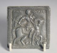 A FINE 18TH CENTURY OTTOMAN BALKANS LEAD PLAQUE depicting a saint, 6.5cm square.