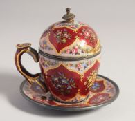 A VERY FINE AND RARE 19TH CENTURY OTTOMAN ENAMELLED SHERBET LIDDED CUP AND SAUCER, decorated with