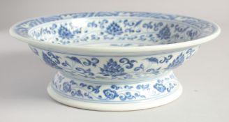 A CHINESE BLUE AND WHITE PORCELAIN PEDESTAL BOWL, the interior centre painted with parrots on a