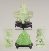 A SMALL CARVED JADE CENSER AND COVER on wooden stand, 3.5