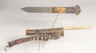 A TRAVELLING TROUSSE KNIFE AND CHOPSTICK SET, possibly Tibetan, the knife handle with bovine horn