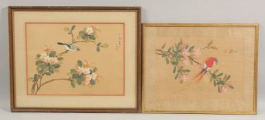 TWO CHINESE PAINTINGS ON SILK, each depicting a bird on a floral branch, both inscribed and with red