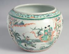 A CHINESE FAMILLE VERTE PORCELAIN JARDINIERE painted with panels of figures, birds, and native