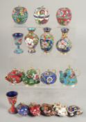 A MIXED LOT OF CONTEMPORARY CHINESE CLOISONNE PIECES, including miniature teapots, vases, lidded
