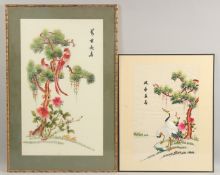 TWO LARGE 20TH CENTURY CHINESE EMBROIDERED SILK PANELS, each depicting birds and flora -