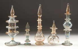 A COLLECTION OF FIVE GLASS PERFUME BOTTLES, possibly Ottoman, (5).