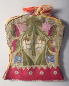 A VERY FINE 19TH CENTURY OTTOMAN SYRIAN OR LEBANESE EMBROIDERED POUCH.