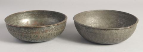TWO 18TH/19TH CENTURY PERSIAN QAJAR TINNED COPPER CALLIGRAPHIC BOWLS. 18cm and 17cm diameter