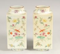 A PAIR OF CHINESE FAMILLE ROSE PORCELAIN SQUARE FORM VASES, painted all over with insects and flora,