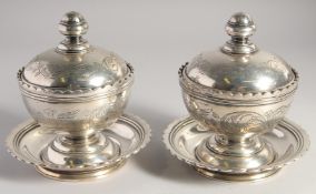 TWO LARGE SIGNED OTTOMAN EGYPTIAN WHITE METAL LIDDED BOWLS AND DISHES, 16.5cm high, weight: 1310g (