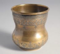 A VERY FINE 19TH CENTURY OTTOMAN BOSNIAN SILVER AND GOLD INLAID BRASS BEAKER, 10cm high.