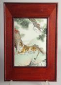 A GOOD CHINESE PORCELAIN PANEL in a wooden frame, painted with a reclining tiger, inscribed and with