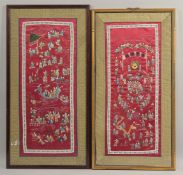 TWO 20TH CENTURY CHINESE EMBROIDERED SILK PANELS, depicting hundred boys, framed and glazed, largest