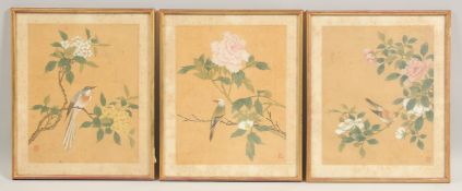 A SET OF THREE CHINESE PAINTINGS ON SILK, each painted with birds and native flora, all with red