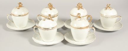 A RARE SET OF SIX 19TH CENTURY OTTOMAN MARKET SHERBET LIDDED CUPS AND DISHES, (18 pieces including