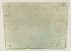 A FINE QUALITY CHINESE CARVED JADE RECTANGULAR PLAQUE, with incised decoration depicting a deer