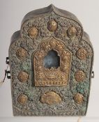 A TIBETAN BUDDHIST GHAU SHRINE BOX, with glass window inset, 15.5cm x 12cm.
