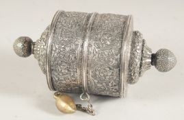 AN ISLAMIC SILVER SCROLL HOLDER, 16.5cm long.